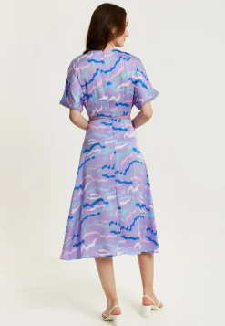 Women's Midi Dress with Mesh Detail in Lilac - Abstract Zebra Print, Short Sleeves, Stylish and Chic by Liquorish