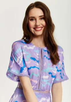 Women's Midi Dress with Mesh Detail in Lilac - Abstract Zebra Print, Short Sleeves, Stylish and Chic by Liquorish