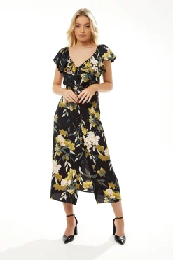 Women's Midi Dress with Off Shoulder Sleeves in Navy Floral Print - Liquorish