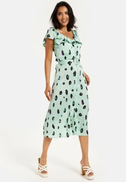 Women's Midi Dress with Off Shoulder Sleeves in Mint Animal Print - Liquorish