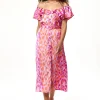 Women's Midi Dress with Off Shoulder Sleeves in Pink Animal Print, Stylish and Chic - Liquorish