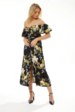 Women's Midi Dress with Off Shoulder Sleeves in Navy Floral Print - Liquorish