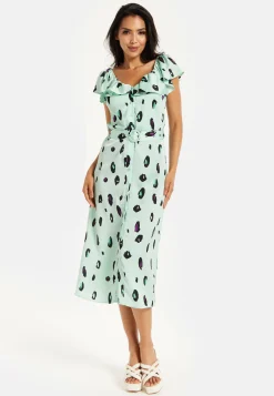 Women's Midi Dress with Off Shoulder Sleeves in Mint Animal Print - Liquorish