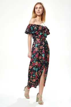 Women’s Midi Dress with Off Shoulder Sleeves in Black Floral Print - Liquorish