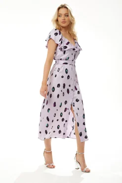 Women's Midi Dress with Off Shoulder Sleeves in Lilac Animal Print - Stylish and Chic Liquorish