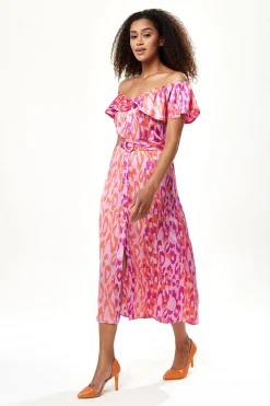 Women's Midi Dress with Off Shoulder Sleeves in Pink Animal Print, Stylish and Chic - Liquorish