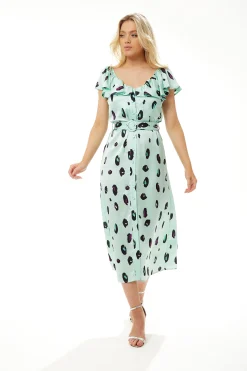 Women's Midi Dress with Off Shoulder Sleeves in Mint Animal Print - Liquorish
