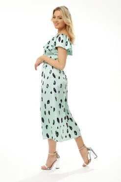 Women's Midi Dress with Off Shoulder Sleeves in Mint Animal Print - Liquorish