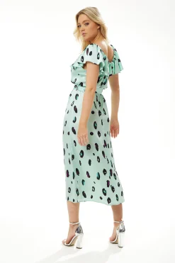 Women's Midi Dress with Off Shoulder Sleeves in Mint Animal Print - Liquorish
