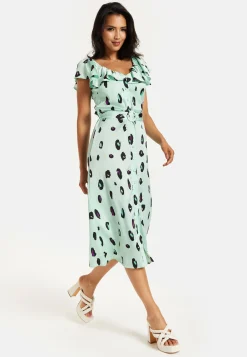 Women's Midi Dress with Off Shoulder Sleeves in Mint Animal Print - Liquorish