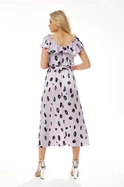 Women's Midi Dress with Off Shoulder Sleeves in Lilac Animal Print - Stylish and Chic Liquorish
