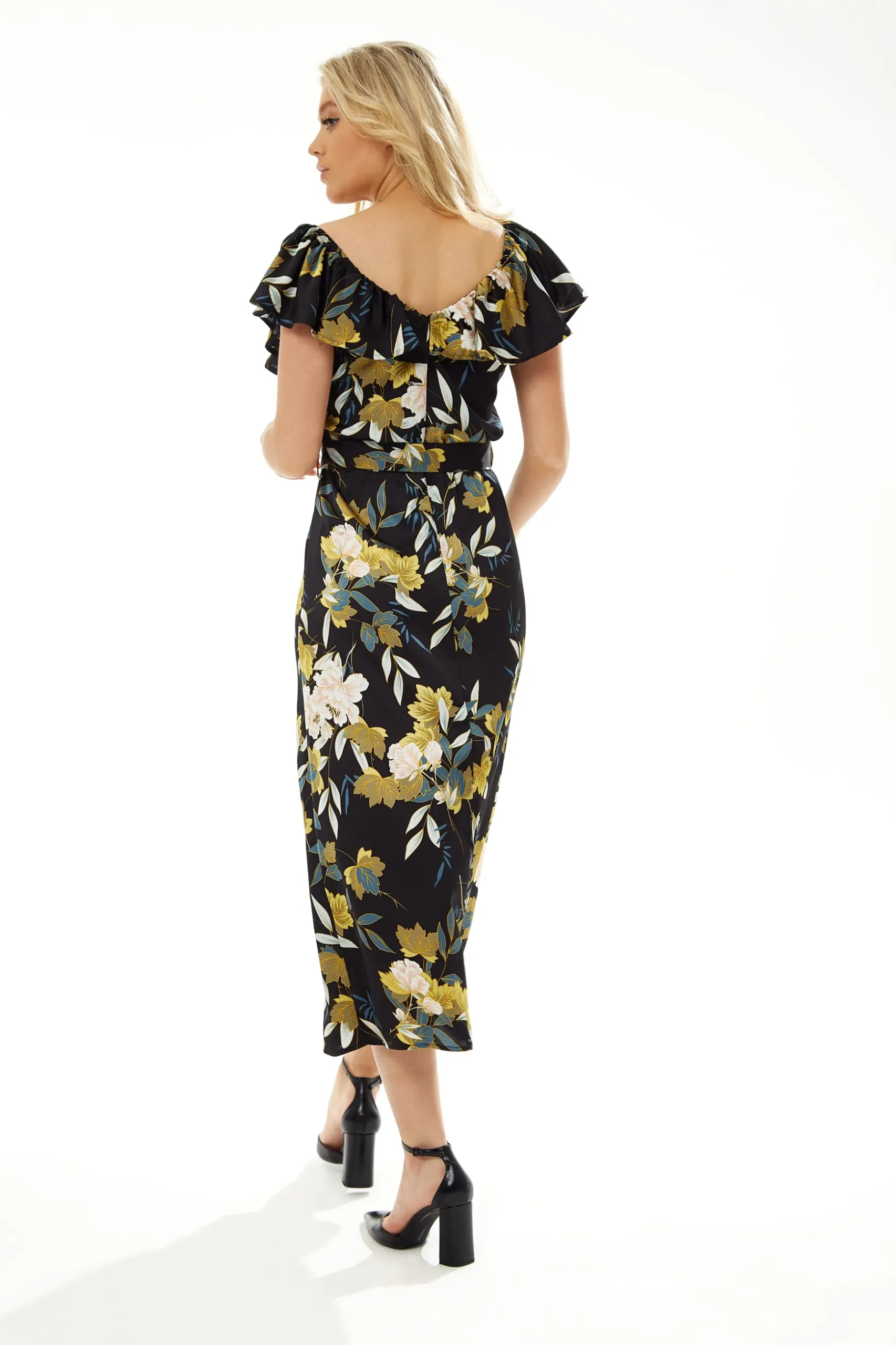 Women's Midi Dress with Off Shoulder Sleeves in Navy Floral Print - Liquorish