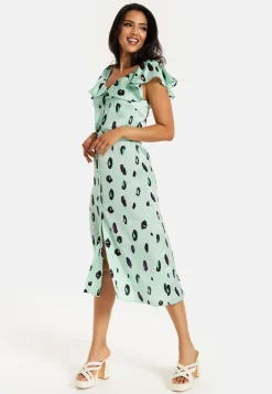 Women's Midi Dress with Off Shoulder Sleeves in Mint Animal Print - Liquorish