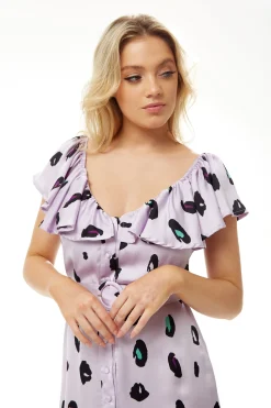 Women's Midi Dress with Off Shoulder Sleeves in Lilac Animal Print - Stylish and Chic Liquorish