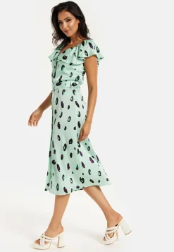 Women's Midi Dress with Off Shoulder Sleeves in Mint Animal Print - Liquorish