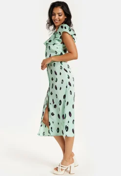 Women's Midi Dress with Off Shoulder Sleeves in Mint Animal Print - Liquorish