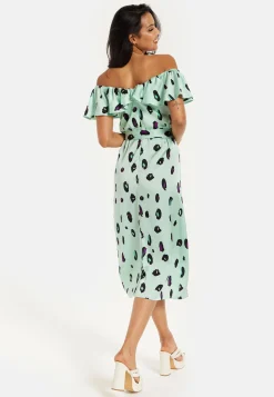 Women's Midi Dress with Off Shoulder Sleeves in Mint Animal Print - Liquorish
