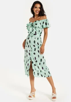 Women's Midi Dress with Off Shoulder Sleeves in Mint Animal Print - Liquorish
