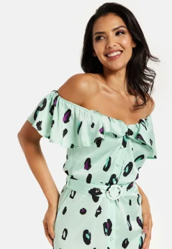 Women's Midi Dress with Off Shoulder Sleeves in Mint Animal Print - Liquorish