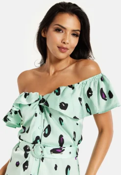 Women's Midi Dress with Off Shoulder Sleeves in Mint Animal Print - Liquorish