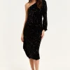 Women's Midi Dress with One Shoulder and Zip-Side in Black Sequin Velvet - Perfect for Any Occasion by Liquorish