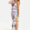 Women’s Midi Dress with One Shoulder Frill and Bow Print, Asymmetric Length, Slim Fit Design