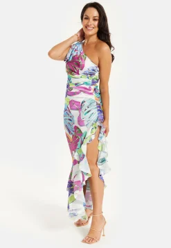 Women’s Midi Dress with One Shoulder Frill and Bow Print, Asymmetric Length, Slim Fit Design