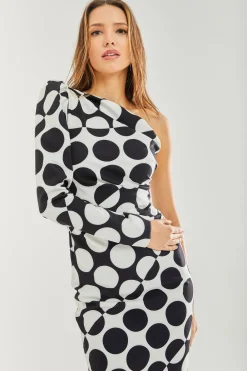 Women's Midi Dress with One Sleeve in Black and White Spot Print - Liquorish