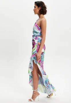 Women’s Midi Dress with One Shoulder Frill and Bow Print, Asymmetric Length, Slim Fit Design