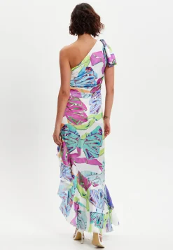 Women’s Midi Dress with One Shoulder Frill and Bow Print, Asymmetric Length, Slim Fit Design