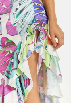 Women’s Midi Dress with One Shoulder Frill and Bow Print, Asymmetric Length, Slim Fit Design