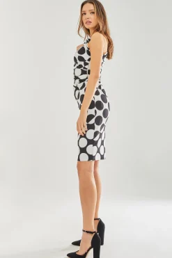 Women's Midi Dress with One Sleeve in Black and White Spot Print - Liquorish
