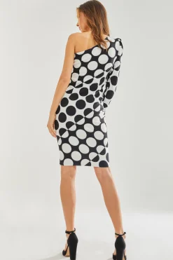 Women's Midi Dress with One Sleeve in Black and White Spot Print - Liquorish