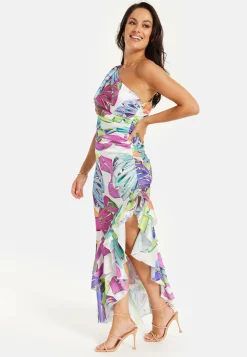 Women’s Midi Dress with One Shoulder Frill and Bow Print, Asymmetric Length, Slim Fit Design