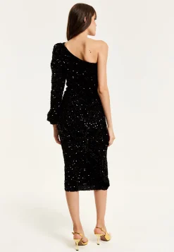 Women's Midi Dress with One Shoulder and Zip-Side in Black Sequin Velvet - Perfect for Any Occasion by Liquorish