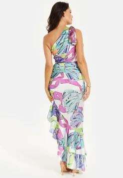 Women’s Midi Dress with One Shoulder Frill and Bow Print, Asymmetric Length, Slim Fit Design