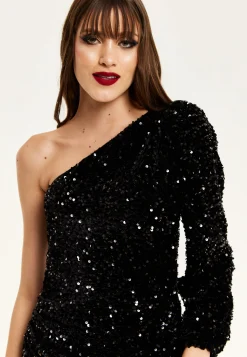 Women's Midi Dress with One Shoulder and Zip-Side in Black Sequin Velvet - Perfect for Any Occasion by Liquorish