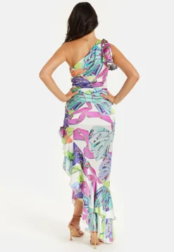 Women’s Midi Dress with One Shoulder Frill and Bow Print, Asymmetric Length, Slim Fit Design