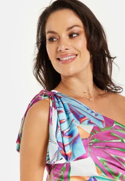 Women’s Midi Dress with One Shoulder Frill and Bow Print, Asymmetric Length, Slim Fit Design
