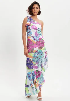 Women’s Midi Dress with One Shoulder Frill and Bow Print, Asymmetric Length, Slim Fit Design