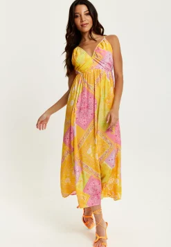 Women's Midi Dress with Open Back and Sleeveless Design in Yellow and Pink - Perfect Summer Style by Liquorish