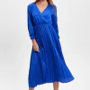 Women's Midi Dress with Pleat Details and V-Neck in Royal Blue - Liquorish