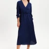 Women's Midi Dress with Pleat Details in Navy, V Neck and Regular Fit, Perfect for Any Occasion - Liquorish