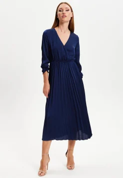 Women's Midi Dress with Pleat Details in Navy, V Neck and Regular Fit, Perfect for Any Occasion - Liquorish