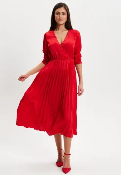 Women's Midi Dress with Pleat Details and V Neckline in Red - Stylish Regular Fit, Short Sleeve, by Liquorish