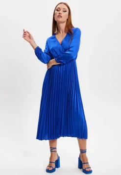 Women's Midi Dress with Pleat Details and V-Neck in Royal Blue - Liquorish