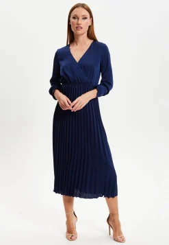 Women's Midi Dress with Pleat Details in Navy, V Neck and Regular Fit, Perfect for Any Occasion - Liquorish