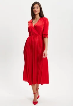 Women's Midi Dress with Pleat Details and V Neckline in Red - Stylish Regular Fit, Short Sleeve, by Liquorish