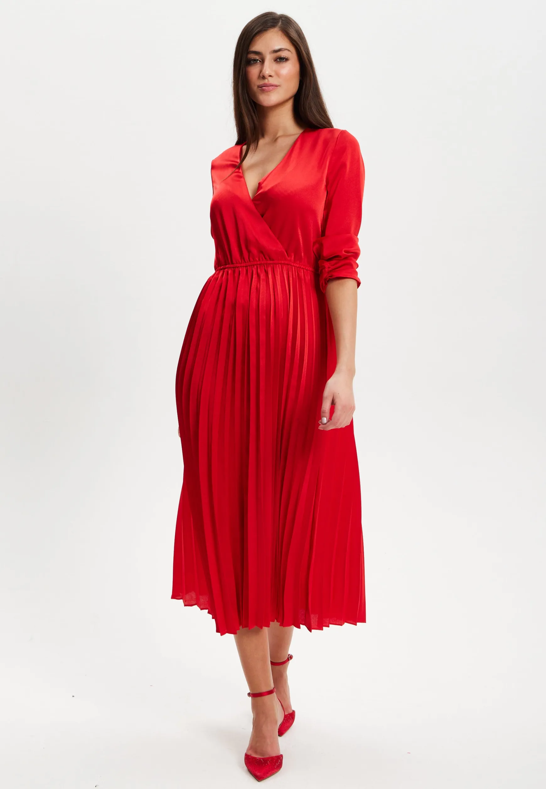 Women's Midi Dress with Pleat Details and V Neckline in Red - Stylish Regular Fit, Short Sleeve, by Liquorish