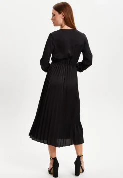 Women's Midi Dress with Pleat Details in Black, V Neck and Sleeveless Design, by Liquorish